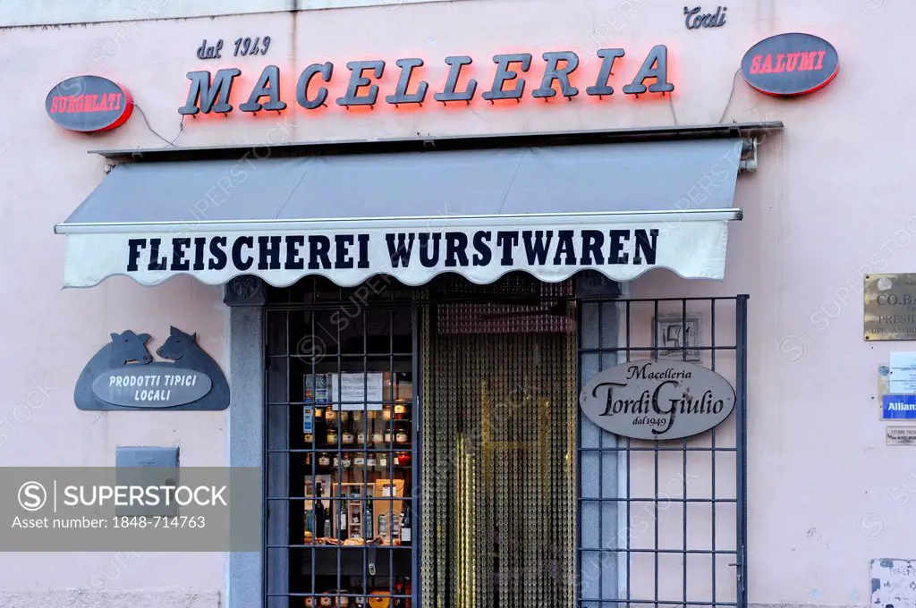 Macelleria butcher's with German inscription, historic town of Bolsena, Lazio, Italy, Europe