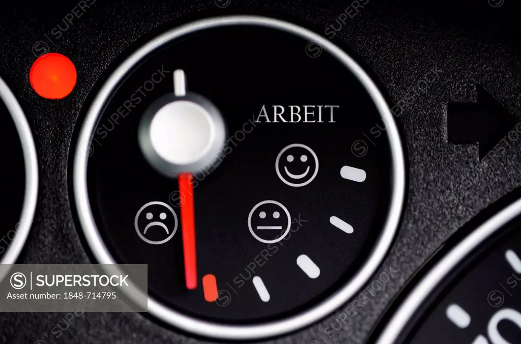 Fuel gauge with smiley faces, lettering Arbeit, German for work, symbolic image for job satisfaction