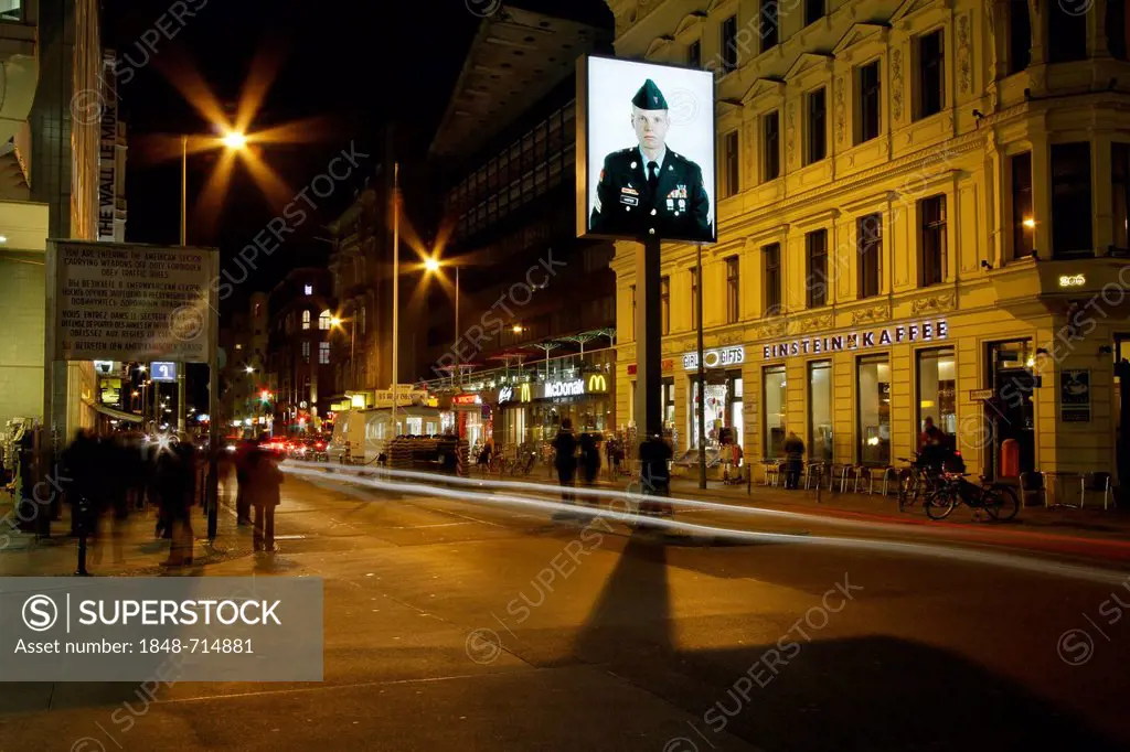Checkpoint Charlie at night, Berlin, Germany, Europe
