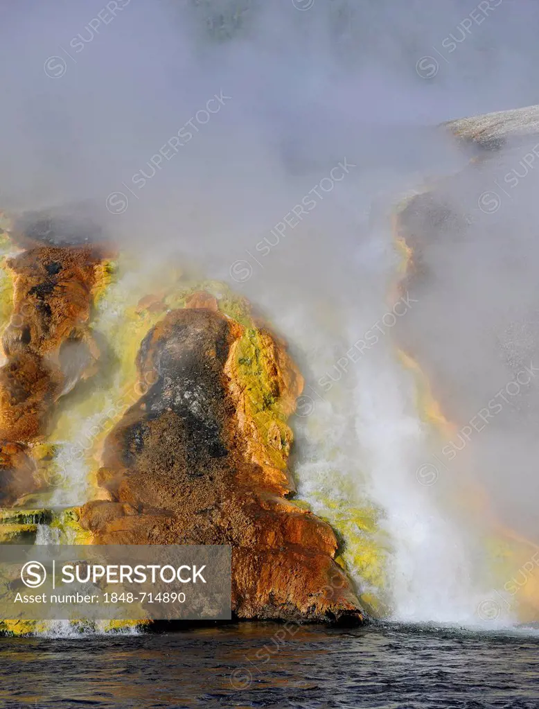 Outlet of the Excelsior Geyser in Firehole River, Midway Geyser Basin, colourful thermophilic bacteria, microorganisms, geysers, hot springs, Yellowst...