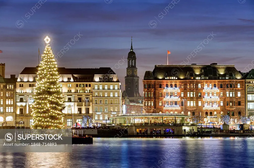 Binnenalster or Inner Alster Lake at Christmas time with Alster fir tree and Church of St. Michael, Michaeliskirche, Michel, Hamburg, Germany, Europe
