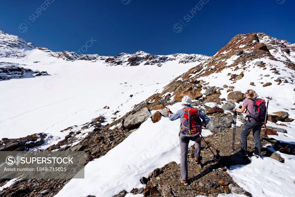 Hikers on Weissbrunnferner Mountain during the ascent to Hinterer Eggenspitz Mountain in the Val d'Ultimo above Gruensee Lake, Alto Adige, Italy, Euro...