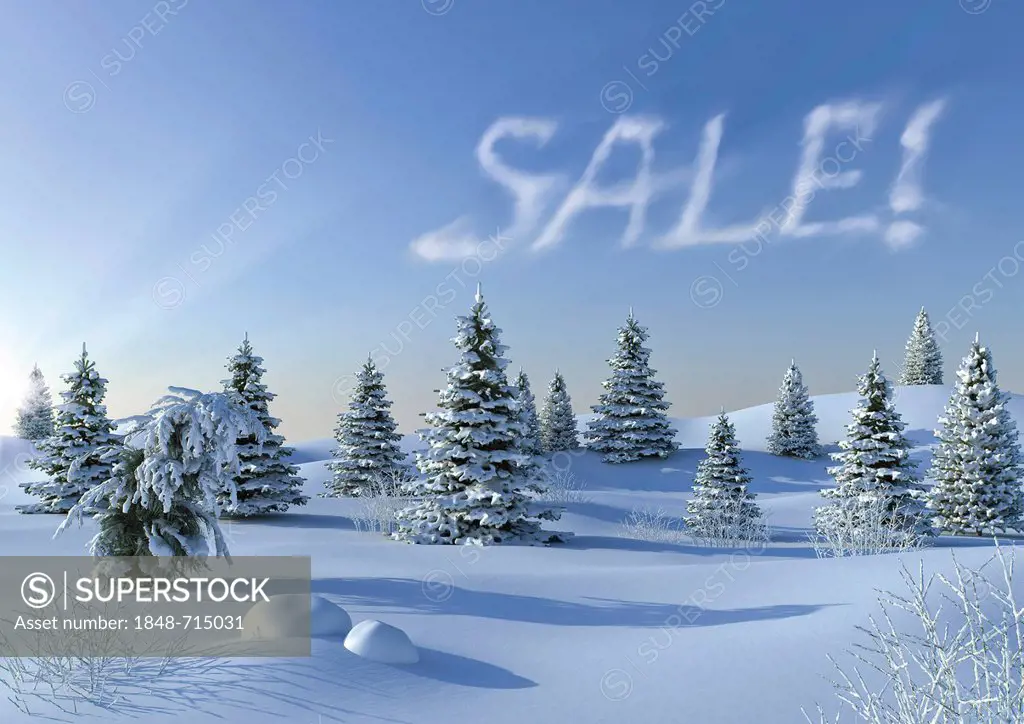 Winter landscape with Sale! written in the sky, symbolic image for the end of winter sales, illustration