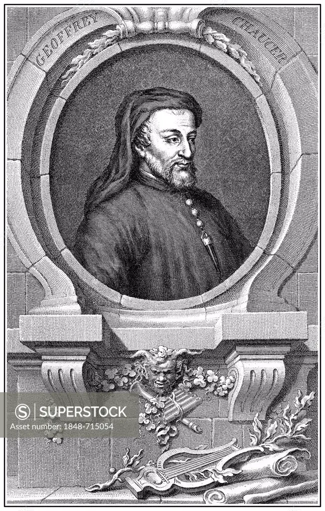 Historical print from the 19th century, portrait of Geoffrey Chaucer, ca. 1343 - 1400, an English writer and poet, author of The Canterbury Tales