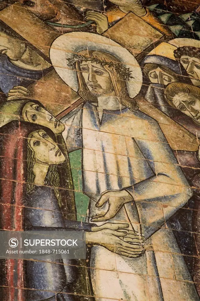 Religious scene painted on the ceramic wall tiles at the Fatima Basilica, Fatima, Portugal, Europe