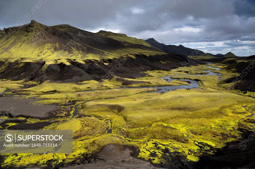 Moss-covered mountains, landscape near Mælifell, Highland, Iceland, Europe