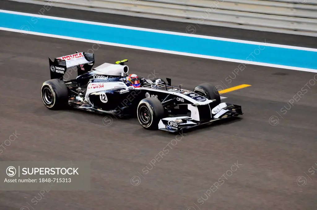 Formula One racing car of Pastor Maldonado, Venezuela, start number 12, of the Team Williams-Cosworth on the Yas Marina Circuit race track on Yas Isla...
