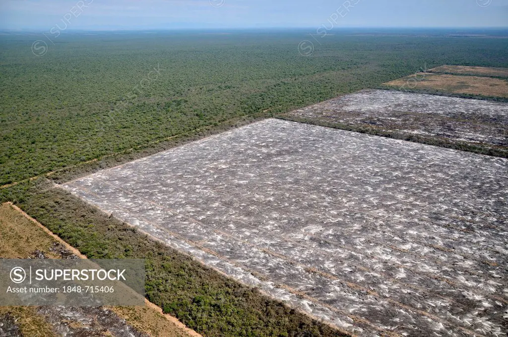 Aerial view, illegal fire clearing, trunks, branches and twigs of a cleared forest are burned on the future soybean fields in the Gran Chaco, Salta, A...