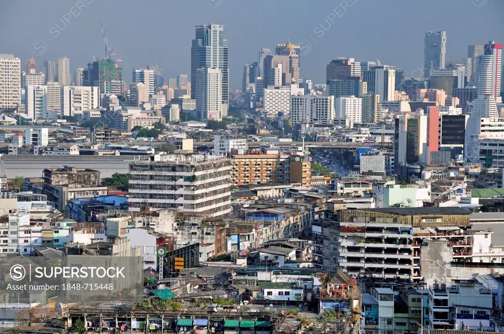 Cityscape, Chinatown in front of the financial district of Bang Rak with hotel skyscrapers, Bangkok, Thailand, Asia, PublicGround