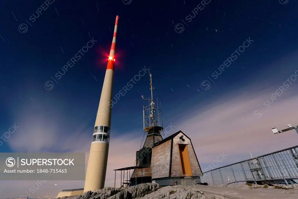 Meteorological station and radio antenna on the summit of Santis Mountain in full moonlight, Appenzell Outer Rhodes, Switzerland, Europe, PublicGround
