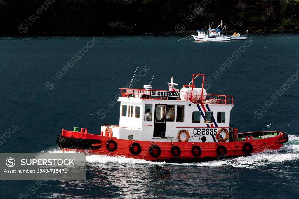 The tug Algarrobo in the harbour area of Quellon, Chiloe Island, Region de los Lagos, Chile, South America, America