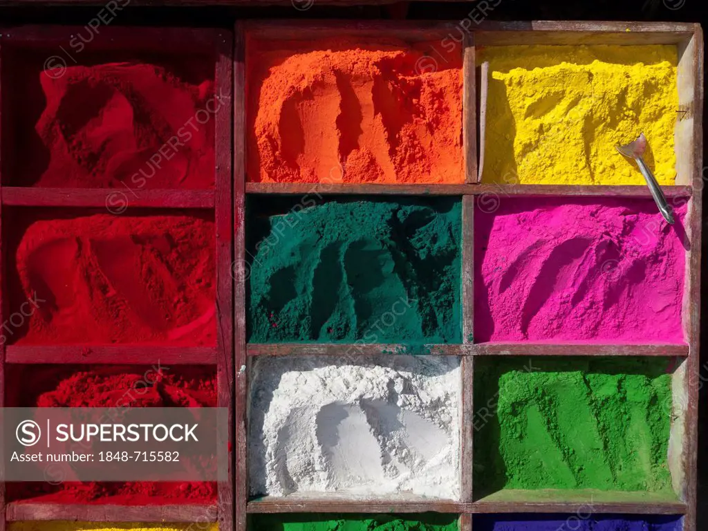 Color powder, for sale at a market for religious rituals at the festival of Divalion, Kathmandu, Nepal, South Asia
