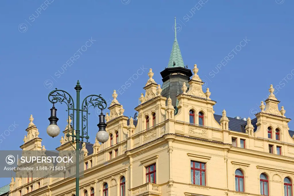 Magnificent art nouveau façade on the Republic Square, Prague, Bohemia, Czech Republic, Europe