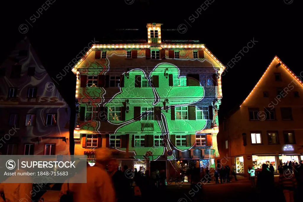 Clover image projected on Kleeblatthaus building, market square, of Biberach an der Riss, light projection installation, Biberach district, Upper Swab...