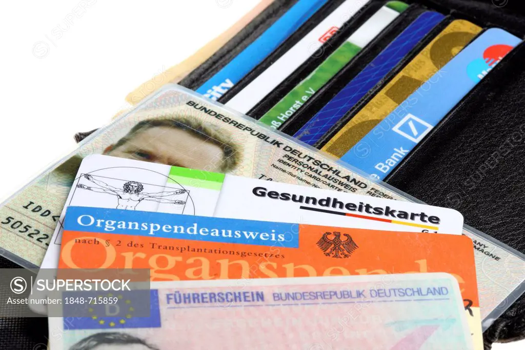 Wallet with various ID documents, identity card, driving license, health card, donor cards, credit cards and bank cards