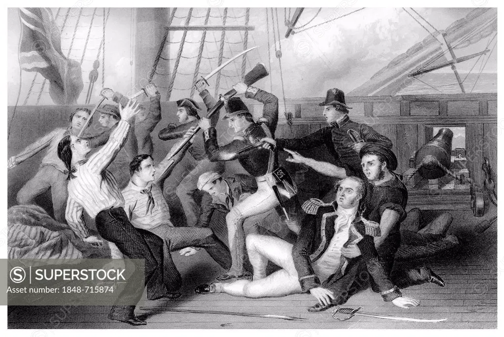 Copper engraving from the 19th Century, The Boarding of the Chesapeke by the Crew of the Shannon, 1812, the frigate USS Chesapeake commanded by Captai...