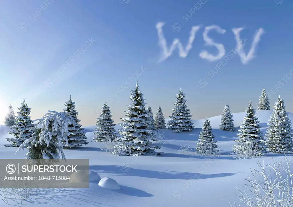 Winter landscape with WSV written in the sky, symbolic image for the German end of winter sales, illustration