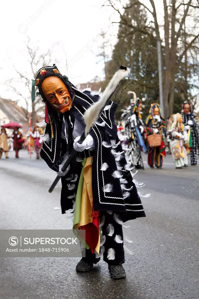Man dressed up as Federahannes, Narrensprung carnival in Rottweil, Rottweiler Fasnet carnival, Swabian-Alemannic carnival, Baden-Wuerttemberg, Germany...