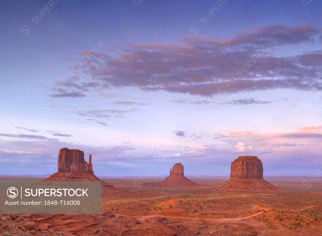 Mesas, West Mitten Butte, East Mitten Butte, Merrick Butte and Scenic Drive at dusk, Monument Valley, Navajo Tribal Park, Navajo Nation Reservation, A...