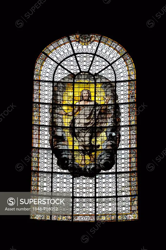 Risen Christ, historic stained glass windows, 17th Century, Catholic parish church of Saint-Sulpice de Paris, Saint-Germain-des-Prés, Paris, France, E...