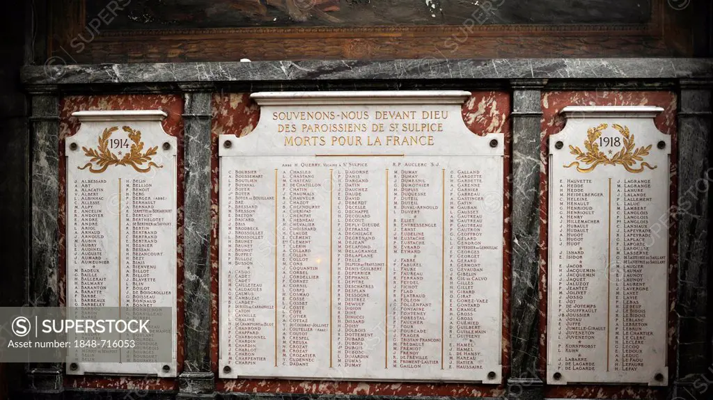 Memorial to fallen soldiers during World War II, Catholic parish church of Saint-Sulpice de Paris, Saint-Germain-des-Prés, Paris, France, Europe, Publ...