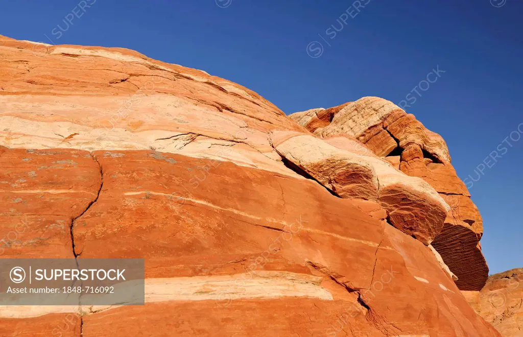 The Sheep rock formation, wave of banded and eroded Aztec sandstone rocks, Valley of Fire State Park, Nevada, United States of America, USA