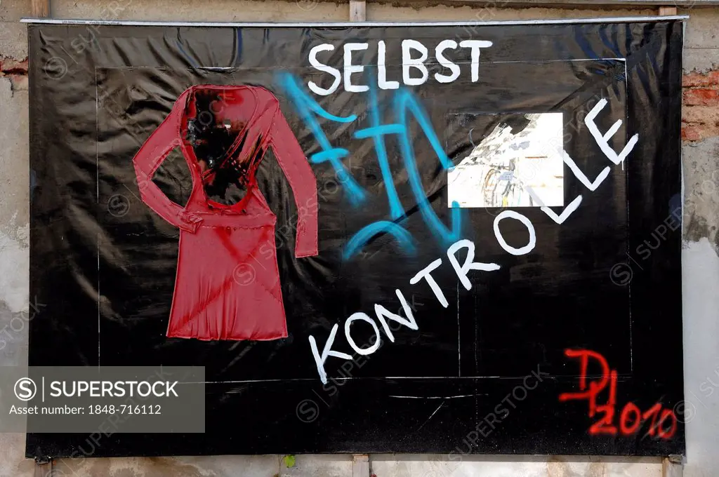 Billboard with graffiti slogan Selbstkontrolle, German for self-control, Argentinierstrasse, Vienna, Austria, Europe