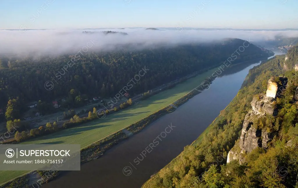 View from the Bastei rock formation of Elbe river and Elbtal valley, Saxon Switzerland, Saxony, Germany, Europe