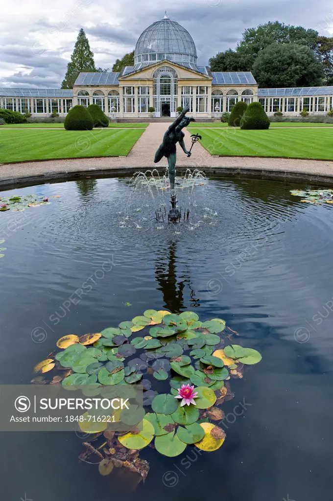 Hermes, messenger of the gods, sculpture, pond, greenhouse, served as a model for London's Crystal Palace, Syon House, family home of the Dukes of Nor...