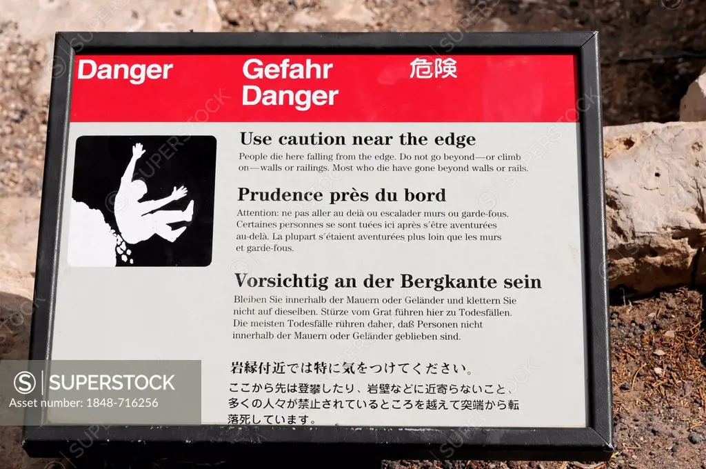 Multi-langual danger sign, Grand Canyon, Arizona, USA, North America