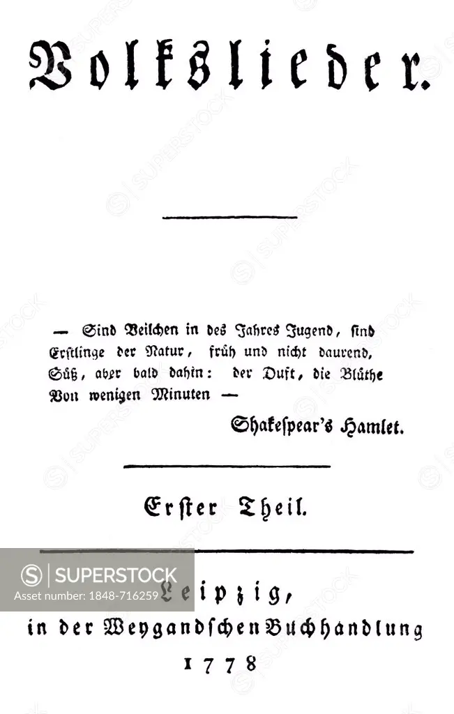 Historic print, 1773, title page of Volkslieder by Johann Gottfried von Herder, 1744 - 1803, a German poet, translator, theologian and philosopher, fr...