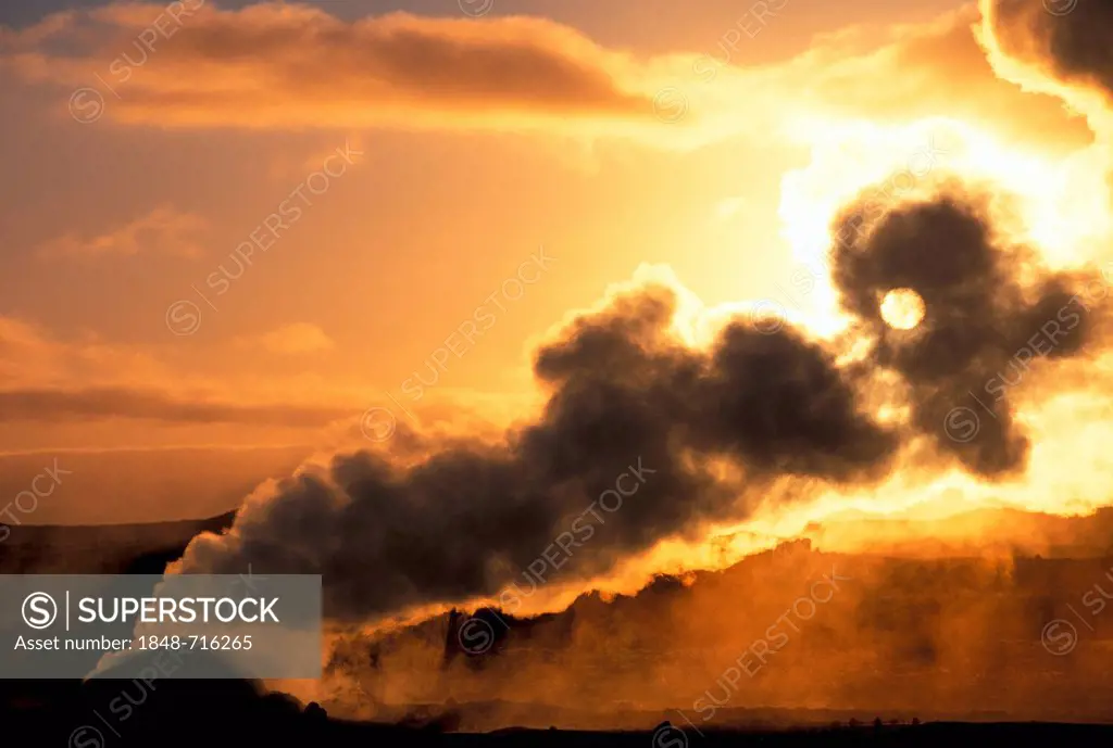Sunrise with steam coming off Solfatara volcano, Námafjall, Námaskarð or Namaskard, Hverir, Mývatn or Myvatn, Iceland, Europe