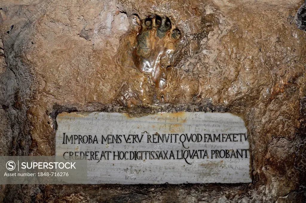 Handprint of the infidel Turks in the rock of the split mountain, Montagna Spaccata, Gaeta, Lazio, Italy, Europe