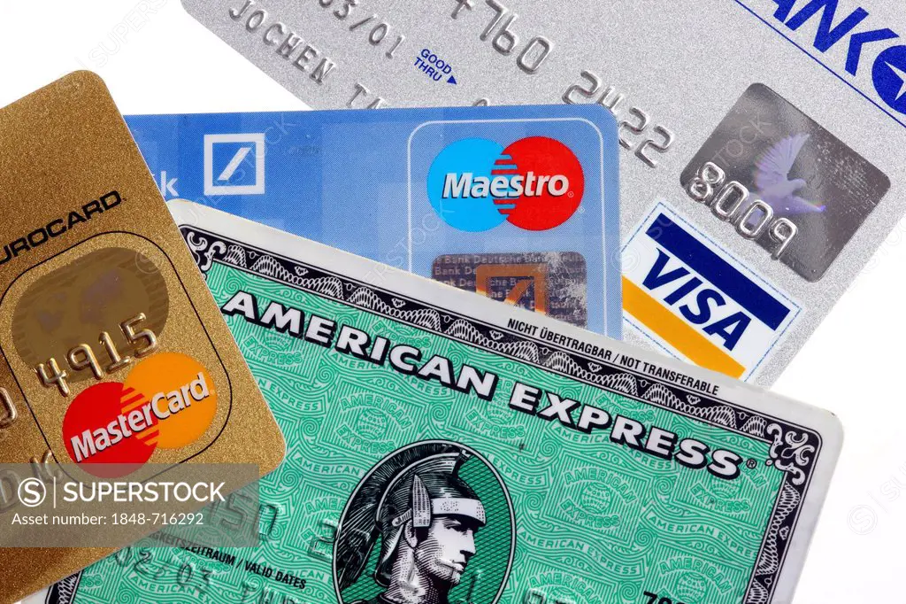 Various credit cards, Mastercard, American Express, Visa, Maestro, bank card
