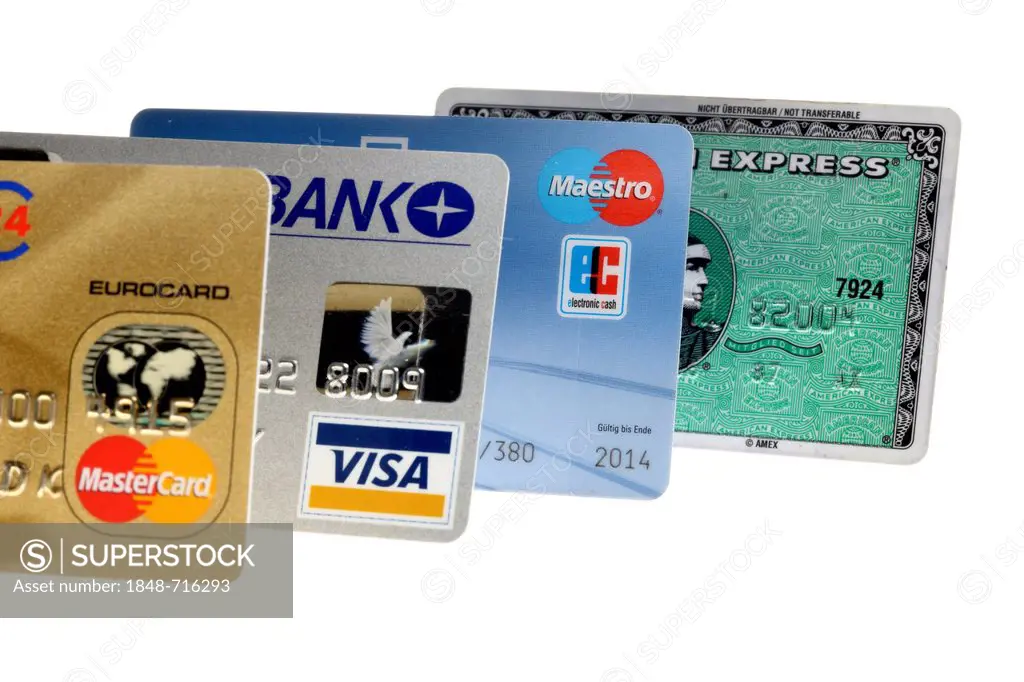 Various credit cards, Mastercard, American Express, Visa, Maestro, bank card