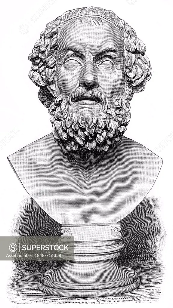 Historical print from the 19th century, bust of Homer, about 850 BC, the ancient Greek author