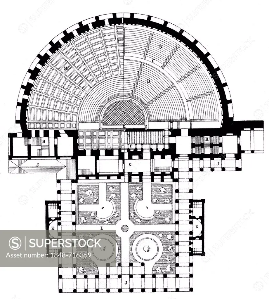 Historical print from the 19th century, plan of the Odeon of Herodes Atticus, an ancient theater in Athens, Greece