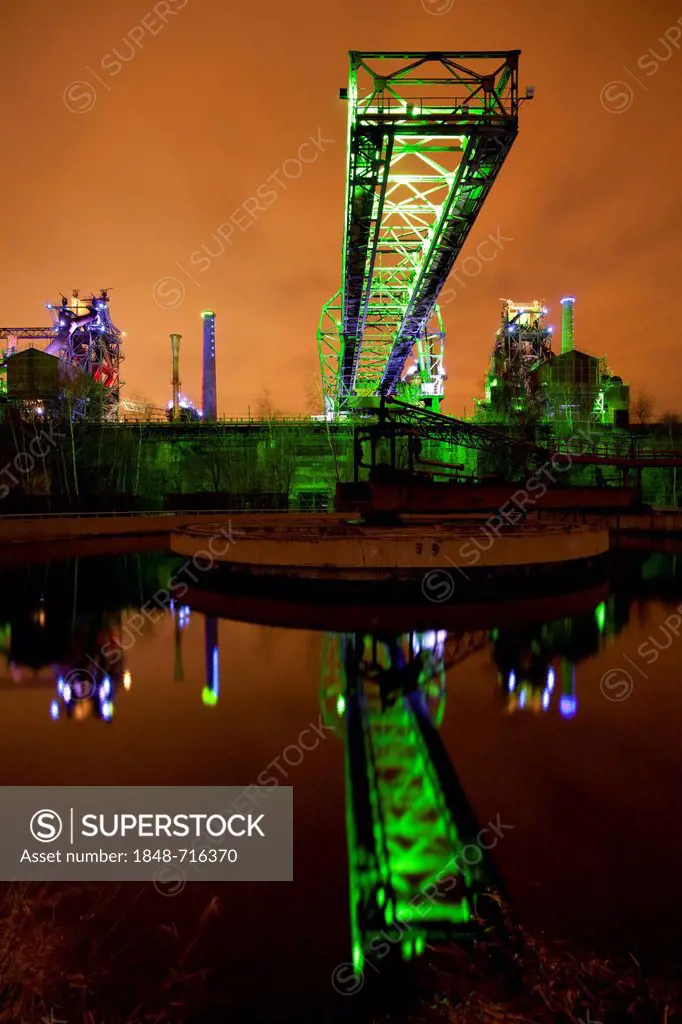 Steel works illuminated with green lighting, North Duisburg Landscape Park, Landschaftspark Nord, Duisburg, Ruhr Area, North Rhine-Westphalia, Germany...