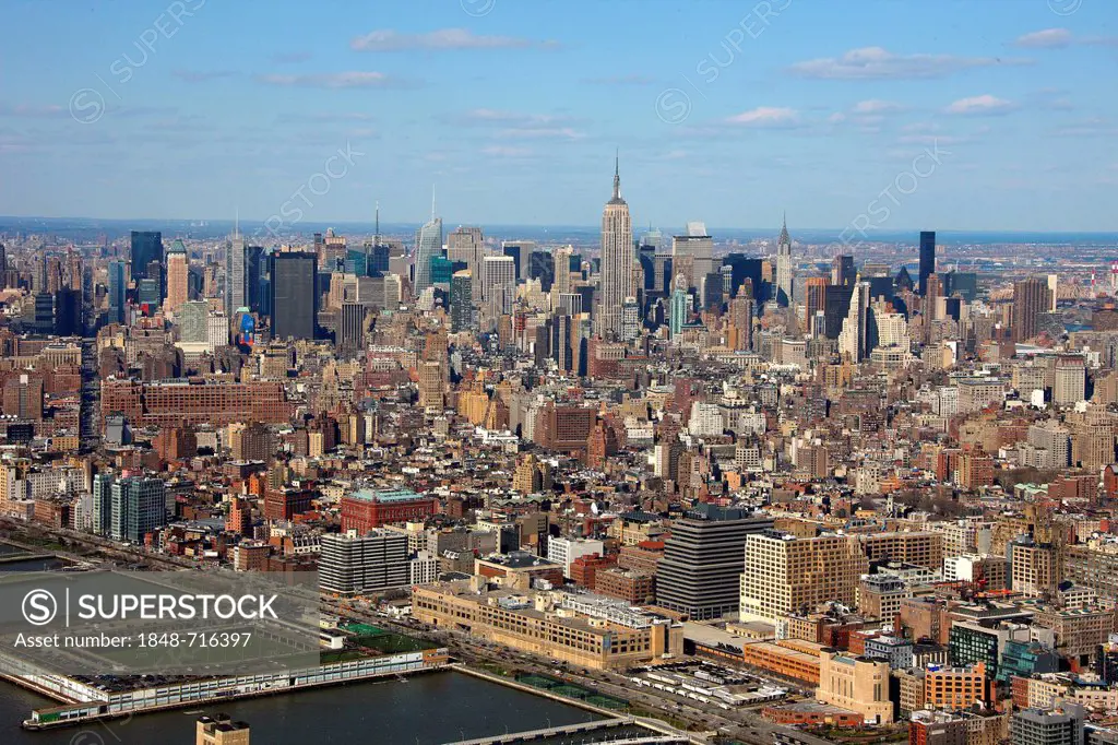 Aerial view, sightseeing flight, Hudson River Park with a football field, New York City, New York, United States, North America