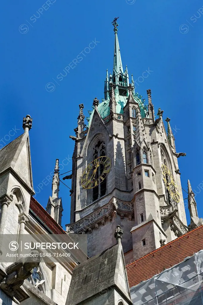 East tower with the church clock, Church of St. Paul, Paulskirche church, Gothic Revival architecture, Munich, Bavaria, Germany, Europe