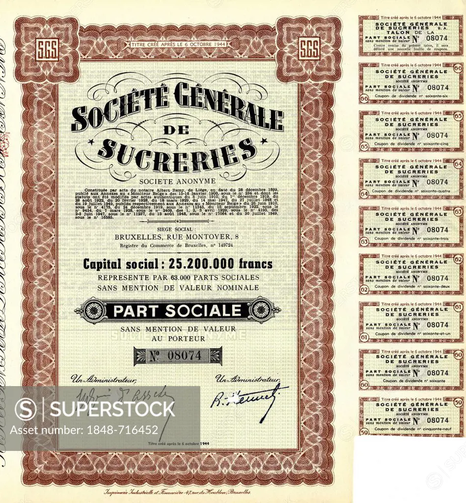 Historical share certificate, sugar industry, Société Générale de Sucreries, 1944, Brussels, Belgium, Europe