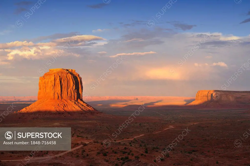 Mesa, Merrick Butte and Raingod Mesa after a thunderstorm in the evening light, Monument Valley, Navajo Tribal Park, Navajo Nation Reservation, Arizon...