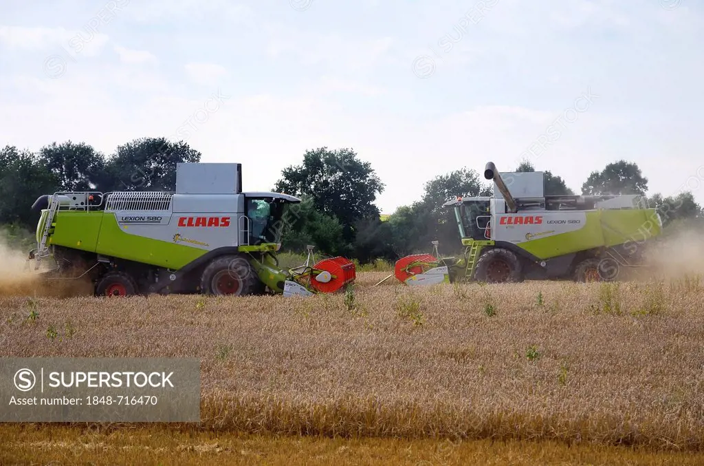 Two combine harvesters meet during the grain harvest in Dechow, Schalsee region, Mecklenburg-Western Pomerania, Germany, Europe