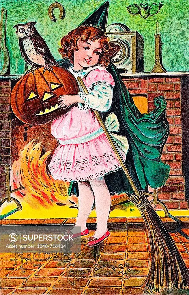 Little girl with pumpkin, Halloween, illustration