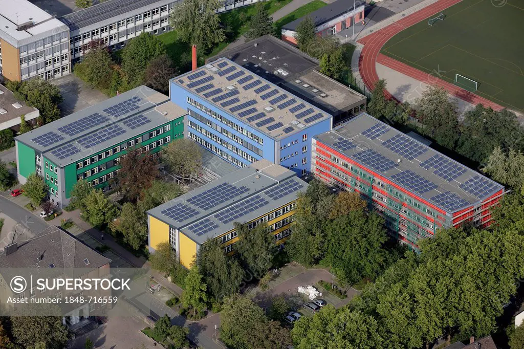 Aerial view, solar panels on roofs, vocational schools in Husemannstrasse, Witten, Ruhr Area, North Rhine-Westphalia, Germany, Europe