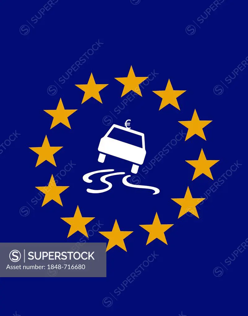 Euro symbol on a skidding car sign within the 12 stars of the European Union, symbolic image of the crisis in the European monetary union