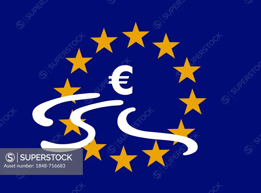 Euro symbol with skid marks within the 12 stars of the European Union, symbolic image of the crisis within the European monetary union