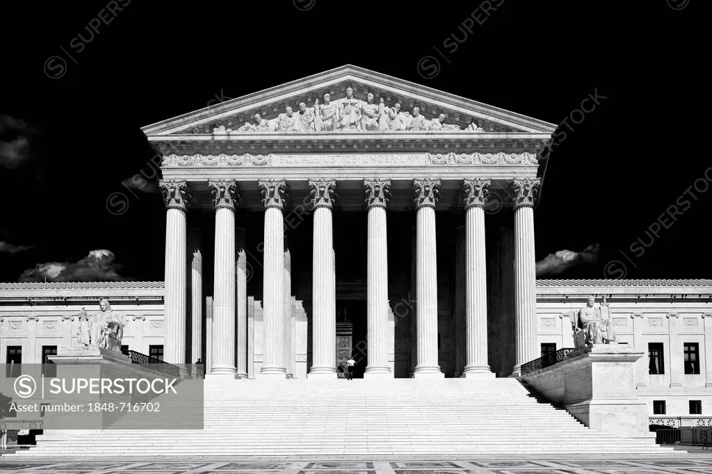 Black and white image, US Supreme Court, Capitol Hill, Washington DC, District of Columbia, United States of America, PublicGround