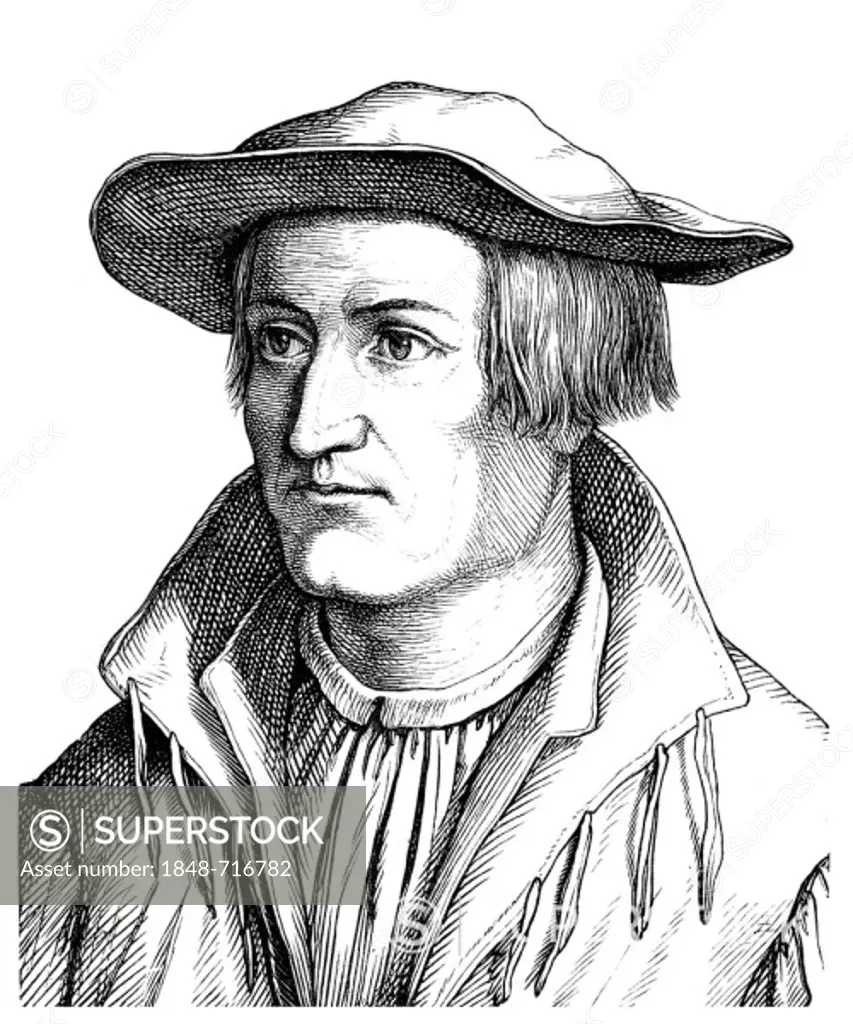 Historical drawing from the 19th Century, portrait of Sebastian Muenster, 1488 - 1552, a cosmographer, humanist and hebraist