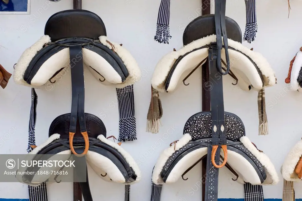Doma Vaquera saddles for sale, El Rocio, Almonte, Huelva province, Andalusia, Spain, Europe